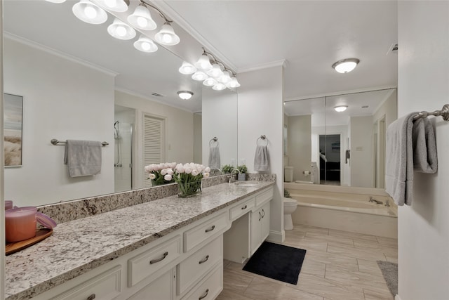 7624 Kevin Dr, Dallas, TX 75248 - full bathroom with toilet, vanity, ornamental molding, a bath, and a shower with door