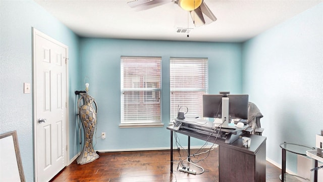 2225 Marion Dr, Mckinney, TX 75072 - office featuring a ceiling fan, wood finished floors, and baseboards
