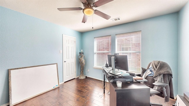 2225 Marion Dr, Mckinney, TX 75072 - home office with wood finished floors, a ceiling fan, and baseboards