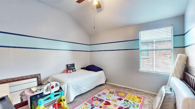 2225 Marion Dr, Mckinney, TX 75072 - carpeted bedroom featuring vaulted ceiling, multiple windows, and a ceiling fan