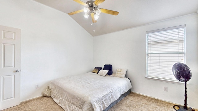 2225 Marion Dr, Mckinney, TX 75072 - bedroom featuring light carpet, vaulted ceiling, and a ceiling fan
