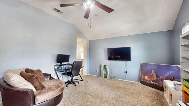 2225 Marion Dr, Mckinney, TX 75072 - home office with a ceiling fan, carpet flooring, lofted ceiling, and baseboards
