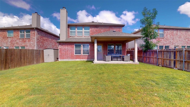 2225 Marion Dr, Mckinney, TX 75072 - rear view of house featuring outdoor lounge area, brick siding, a storage unit, a chimney, and a patio