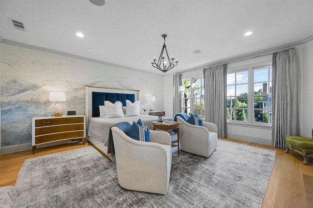 3219 Saint Johns Dr, Highland Park, TX 75205 - bedroom featuring wood finished floors, recessed lighting, baseboards, a chandelier, and crown molding
