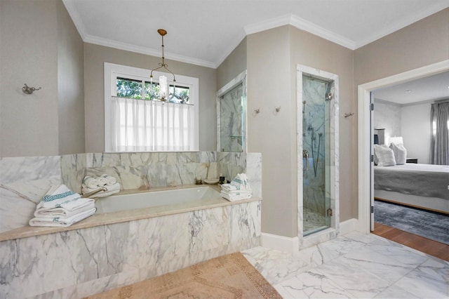 3219 Saint Johns Dr, Highland Park, TX 75205 - bathroom with connected bathroom, a bath, a marble finish shower, marble look tile flooring, and ornamental molding