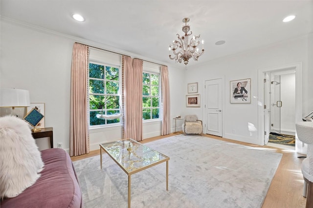 3219 Saint Johns Dr, Highland Park, TX 75205 - living area featuring a chandelier, light wood finished floors, recessed lighting, crown molding, and baseboards