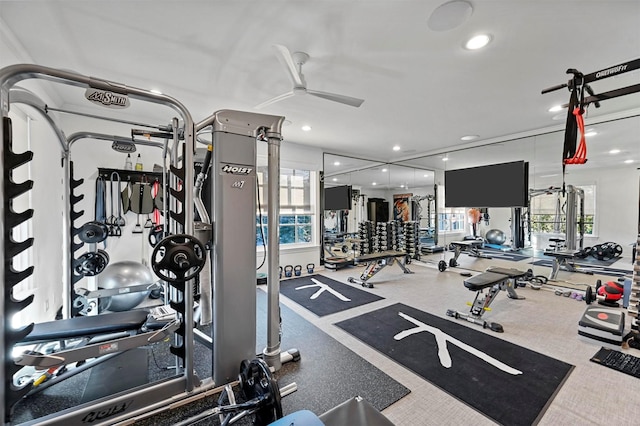 3219 Saint Johns Dr, Highland Park, TX 75205 - gym featuring healthy amount of natural light, a ceiling fan, and recessed lighting