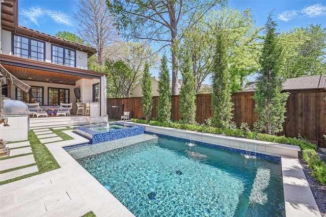 3219 Saint Johns Dr, Highland Park, TX 75205 - view of pool with ceiling fan, a fenced backyard, a patio area, and area for grilling