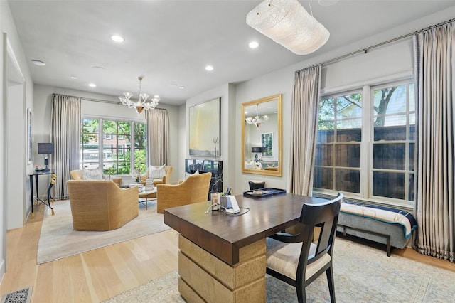 3219 Saint Johns Dr, Highland Park, TX 75205 - home office featuring a chandelier, light wood-style flooring, and recessed lighting