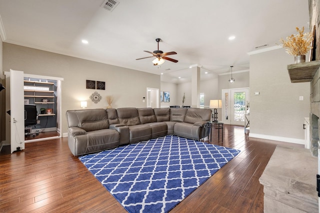 941 Mccampbell Rd, Mansfield, TX 76063 - living room with a ceiling fan, hardwood / wood-style flooring, ornamental molding, baseboards, and recessed lighting