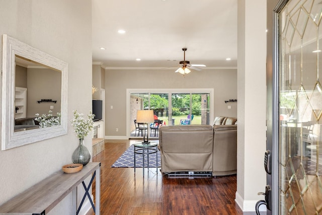941 Mccampbell Rd, Mansfield, TX 76063 - living room with crown molding, wood finished floors, a ceiling fan, baseboards, and recessed lighting