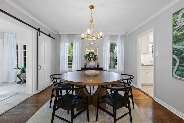 3824 Arundel Ave, Fort Worth, TX 76109 - dining space featuring a barn door, a chandelier, dark wood-style flooring, crown molding, and baseboards