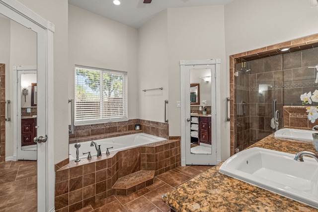 3304 Bowden Hill Ln N, Colleyville, TX 76034 - full bath with a stall shower, a garden tub, a towering ceiling, double vanity, and tile patterned floors