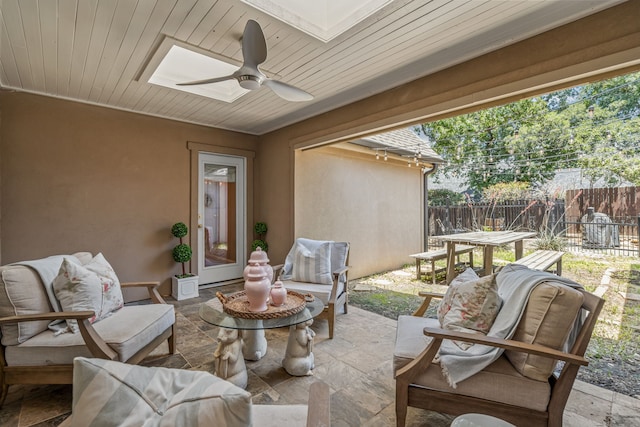 3304 Bowden Hill Ln N, Colleyville, TX 76034 - view of patio / terrace featuring fence, ceiling fan, and an outdoor living space