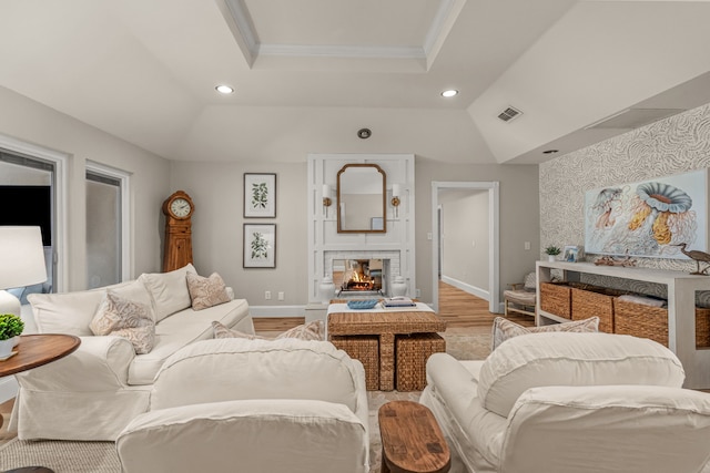 3304 Bowden Hill Ln N, Colleyville, TX 76034 - living area with a raised ceiling, light wood-style flooring, baseboards, recessed lighting, and a glass covered fireplace
