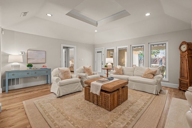 3304 Bowden Hill Ln N, Colleyville, TX 76034 - living room featuring recessed lighting, wood finished floors, a tray ceiling, and baseboards