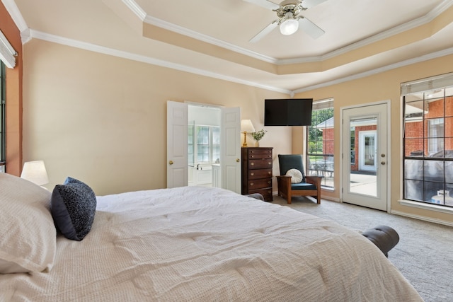 110 Man O War Ln, Fairview, TX 75069 - bedroom featuring a tray ceiling, carpet floors, access to outside, crown molding, and connected bathroom