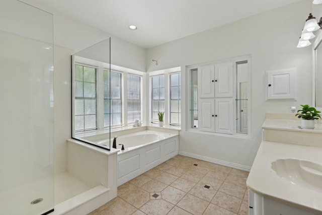 110 Man O War Ln, Fairview, TX 75069 - full bath featuring a bath, tile patterned floors, vanity, a walk in shower, and baseboards