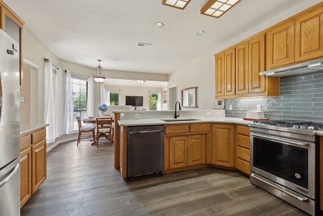 110 Man O War Ln, Fairview, TX 75069 - kitchen with stainless steel appliances, a sink, a peninsula, under cabinet range hood, and decorative backsplash