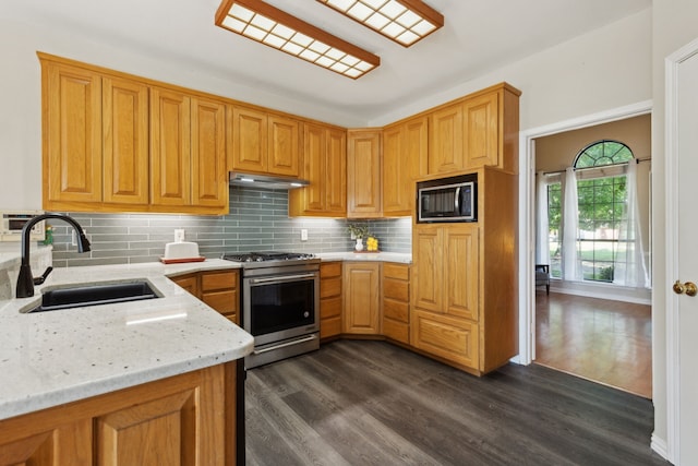 110 Man O War Ln, Fairview, TX 75069 - kitchen featuring appliances with stainless steel finishes, a sink, under cabinet range hood, and dark wood-style floors