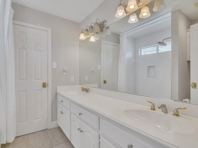 5904 Sandhills Cir, Plano, TX 75093 - bathroom with double vanity, curtained shower, and tile patterned flooring