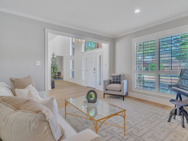 5904 Sandhills Cir, Plano, TX 75093 - living area featuring plenty of natural light, light wood finished floors, ornamental molding, recessed lighting, and baseboards