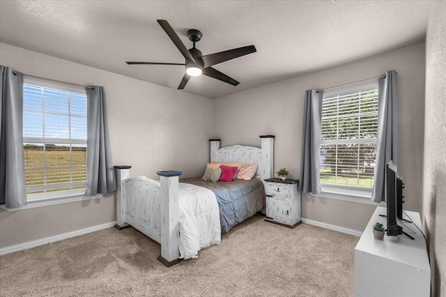 2250 Poolville Cut Off Rd, Poolville, TX 76487 - bedroom with light carpet, multiple windows, baseboards, a ceiling fan, and a textured ceiling