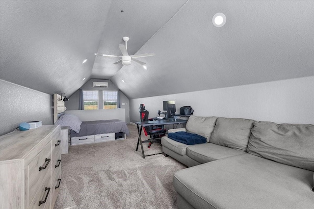 2250 Poolville Cut Off Rd, Poolville, TX 76487 - bedroom featuring vaulted ceiling, light colored carpet, a ceiling fan, and a textured ceiling