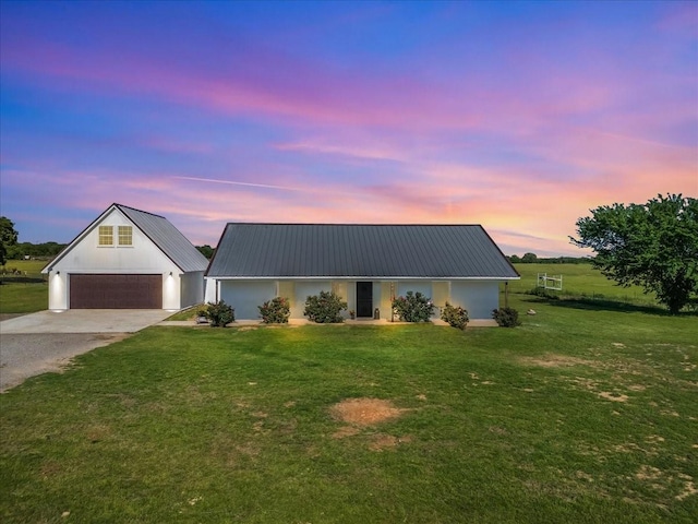 2250 Poolville Cut Off Rd, Poolville, TX 76487 - view of front of property with a front yard, metal roof, driveway, and a detached garage