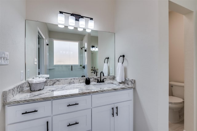 1618 Wildflower Dr, Waxahachie, TX 75165 - bathroom with a walk in shower, vanity, toilet, and wood finished floors