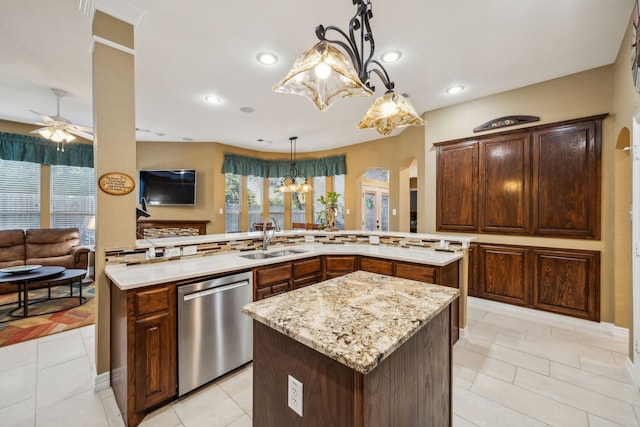 2806 Northwood St, Grapevine, TX 76051 - kitchen featuring stainless steel dishwasher, a sink, a center island, ceiling fan, and open floor plan