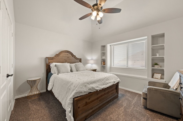 923 Timber Ridge Dr, Justin, TX 76247 - bedroom featuring dark colored carpet, baseboards, lofted ceiling, and a ceiling fan
