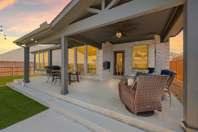 923 Timber Ridge Dr, Justin, TX 76247 - view of patio featuring a fenced backyard, a ceiling fan, and an outdoor living space