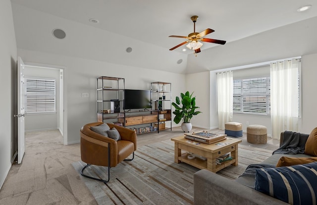 1205 Wynne Dr, Garland, TX 75044 - living area featuring a ceiling fan, vaulted ceiling, light colored carpet, and recessed lighting