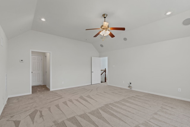 1205 Wynne Dr, Garland, TX 75044 - unfurnished room with vaulted ceiling, light colored carpet, a ceiling fan, baseboards, and recessed lighting