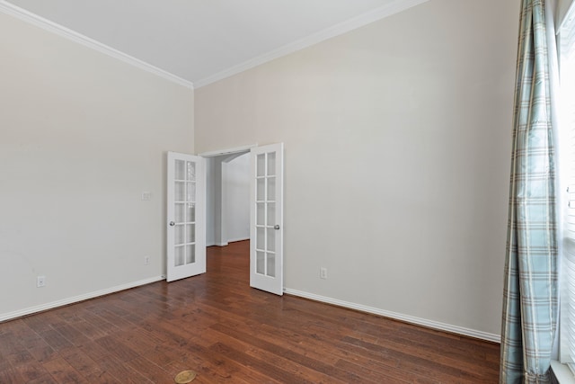 1205 Wynne Dr, Garland, TX 75044 - empty room with french doors, crown molding, baseboards, and dark wood-style flooring