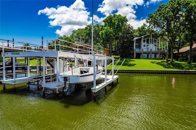 1232 Whispering Springs Dr, Tool, TX 75143 - dock with boat lift, a water view, and a yard