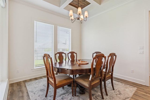 10136 Braided Briar Ln, Waco, TX 76712 - dining area featuring coffered ceiling, a chandelier, light wood-type flooring, baseboards, and beamed ceiling