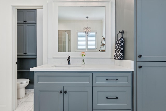 10136 Braided Briar Ln, Waco, TX 76712 - bathroom with toilet, vanity, and marble look tile flooring