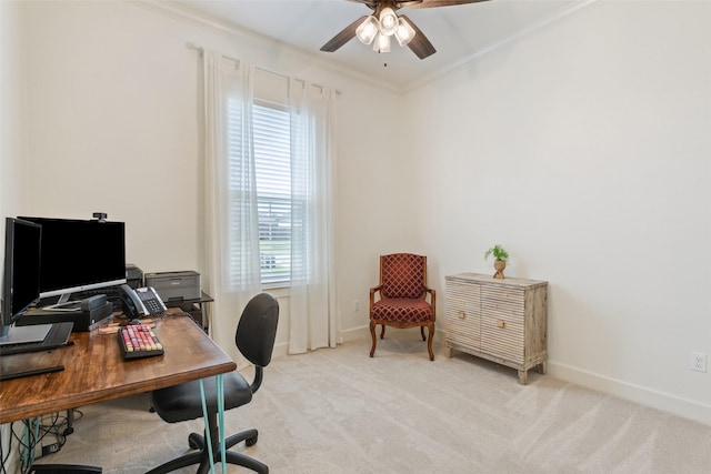 10136 Braided Briar Ln, Waco, TX 76712 - office area featuring ornamental molding, ceiling fan, light carpet, and baseboards