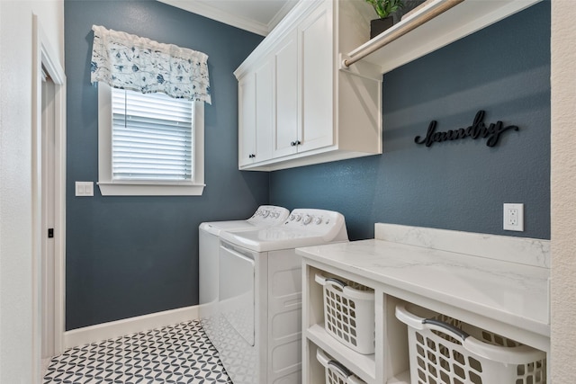 10136 Braided Briar Ln, Waco, TX 76712 - laundry area featuring cabinet space, washer and dryer, baseboards, tile patterned floors, and crown molding