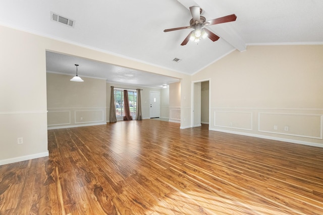 908 Cherry Laurel Ln, Arlington, TX 76012 - unfurnished living room featuring a decorative wall, wood finished floors, a ceiling fan, a wainscoted wall, and ornamental molding