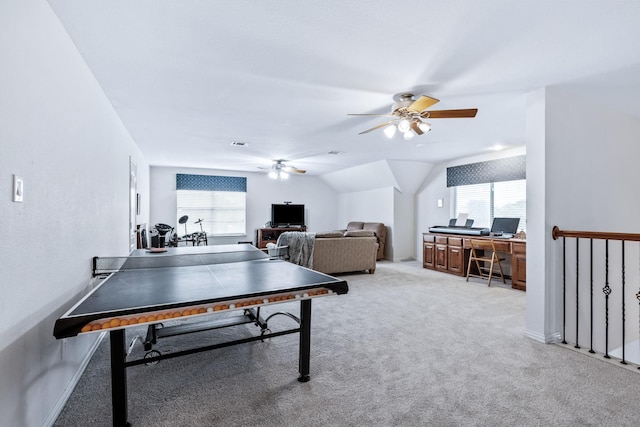 420 Bee Caves Rd, Lucas, TX 75002 - game room featuring ceiling fan, an office area, light colored carpet, vaulted ceiling, and baseboards