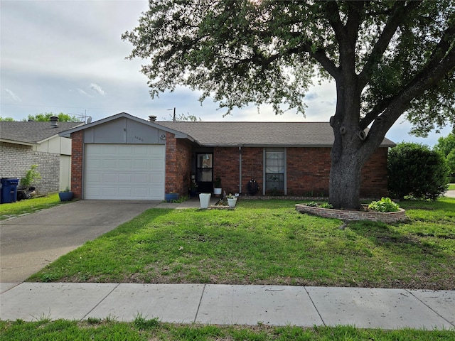 ranch-style house featuring an attached garage, concrete driveway, a front yard, and brick siding