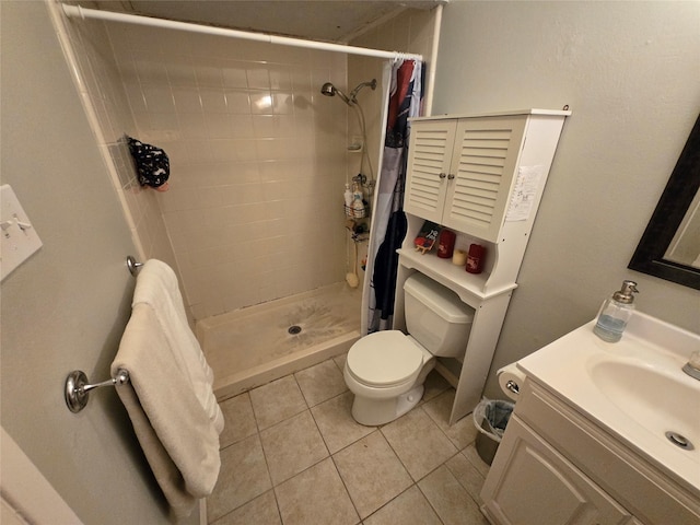 bathroom featuring a shower stall, tile patterned flooring, vanity, and toilet