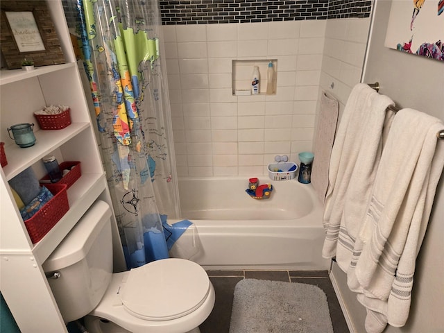 bathroom with toilet, shower / bath combo with shower curtain, and tile patterned flooring
