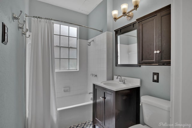 full bath with plenty of natural light, toilet, shower / tub combo, and vanity