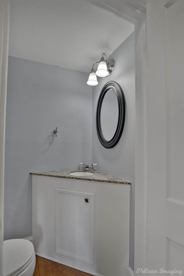 bathroom with vanity, toilet, and wood finished floors