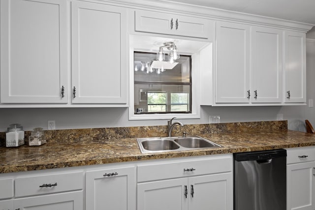818 Country Club Rd, Bowie, TX 76230 - kitchen featuring dishwasher, a sink, dark countertops, and white cabinets