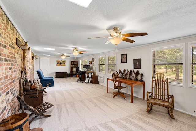 818 Country Club Rd, Bowie, TX 76230 - living area featuring carpet flooring, plenty of natural light, brick wall, ceiling fan, and a textured ceiling